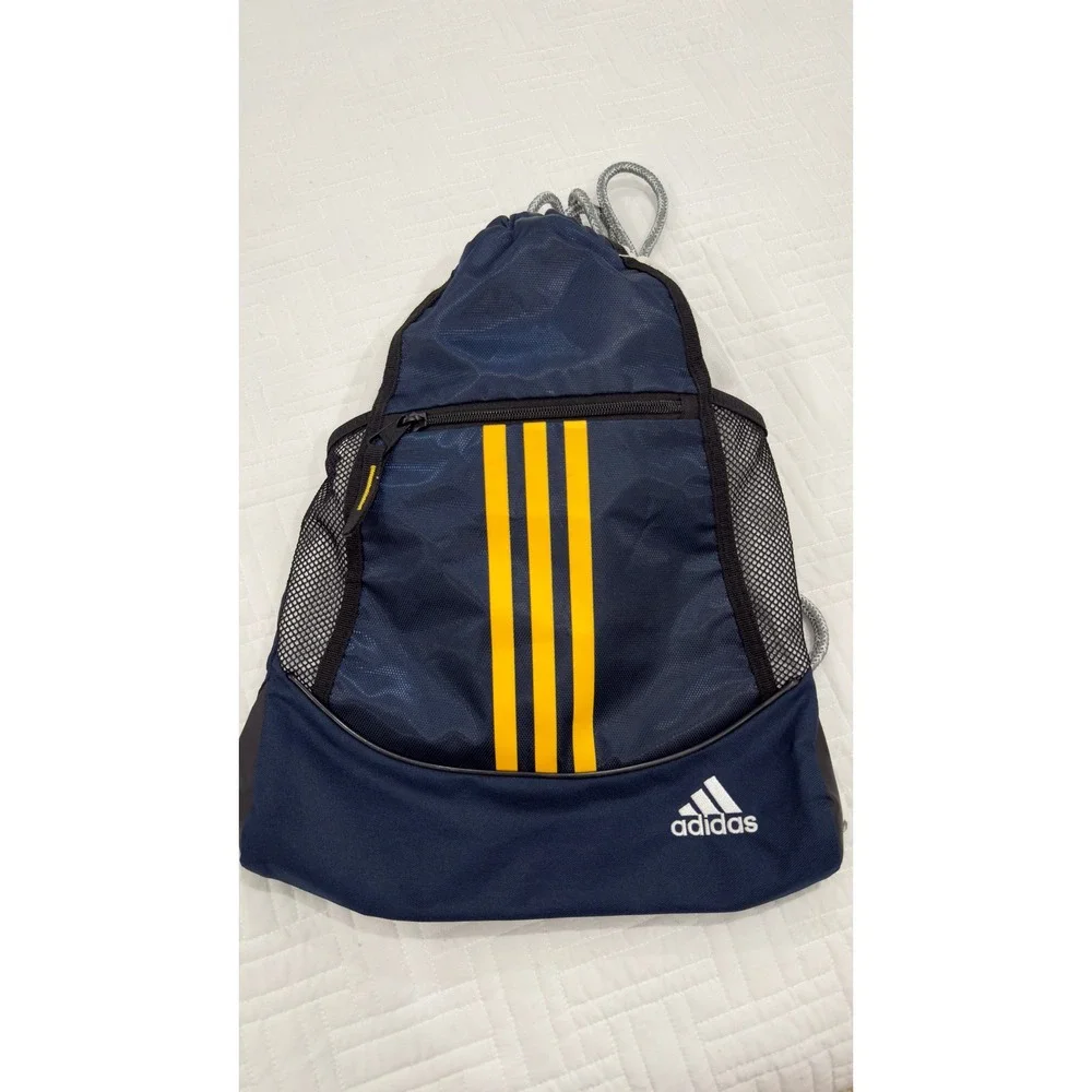 Adidas Navy Blue Yellow 3-Stripe Drawstring Cinch Sackpack Gym Bag - Picture 3 of 6